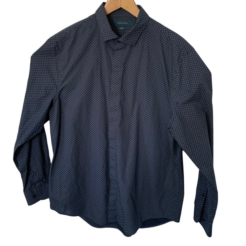 Perry Ellis Shirt Mens XL Long Sleeve Blue Non Iron Covered Button Spread Collar